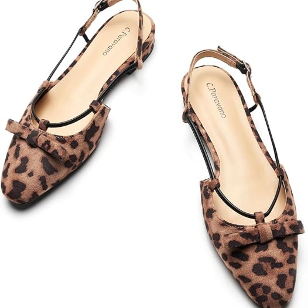 C.Paravano Women's Cheetah Pattern Slingback Flats, Stylish Almond Toe Sandals